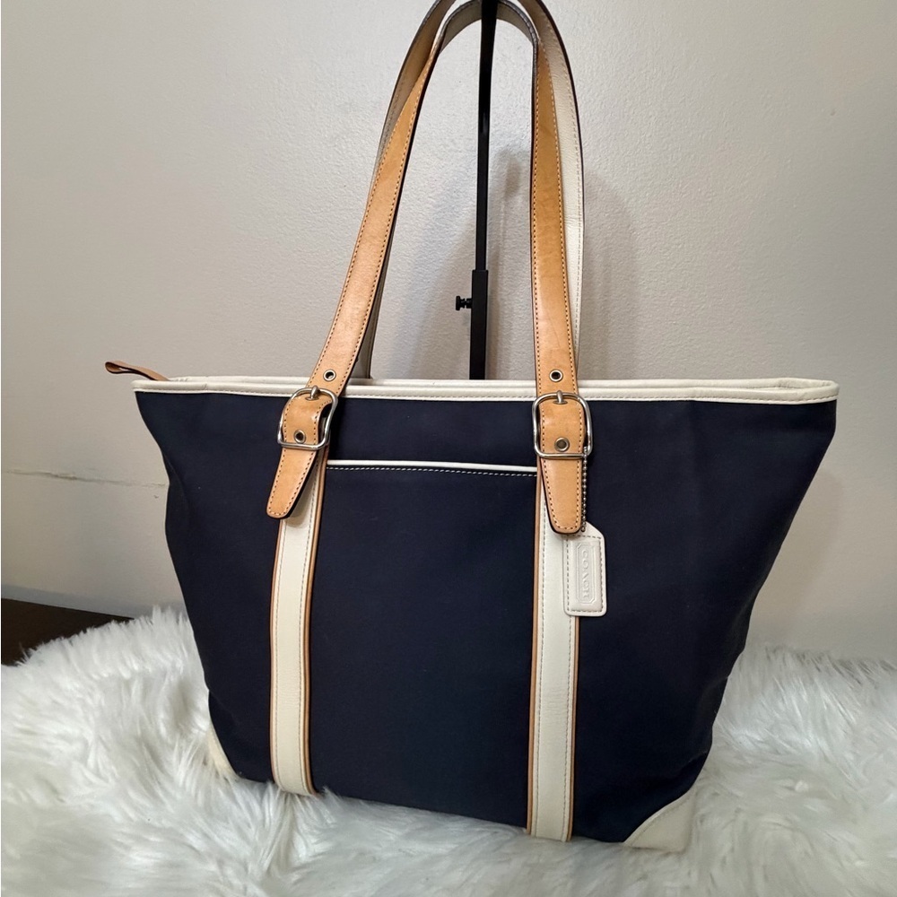 Coach Navy and Tan Tote Bag CANVAS WHITE LEATHER TRIM ZIP #7739